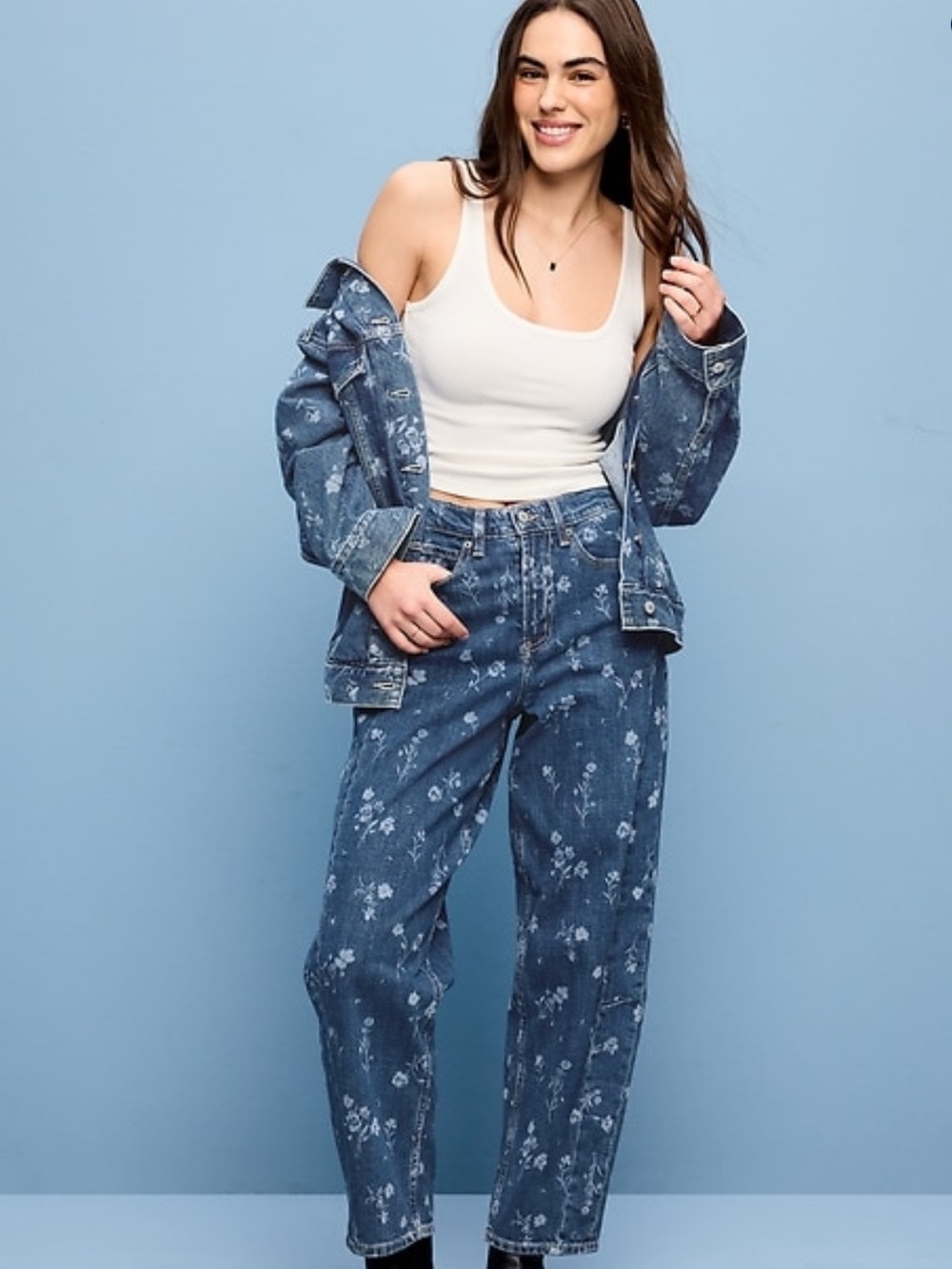 Old Navy Blue Floral Barrel Jeans